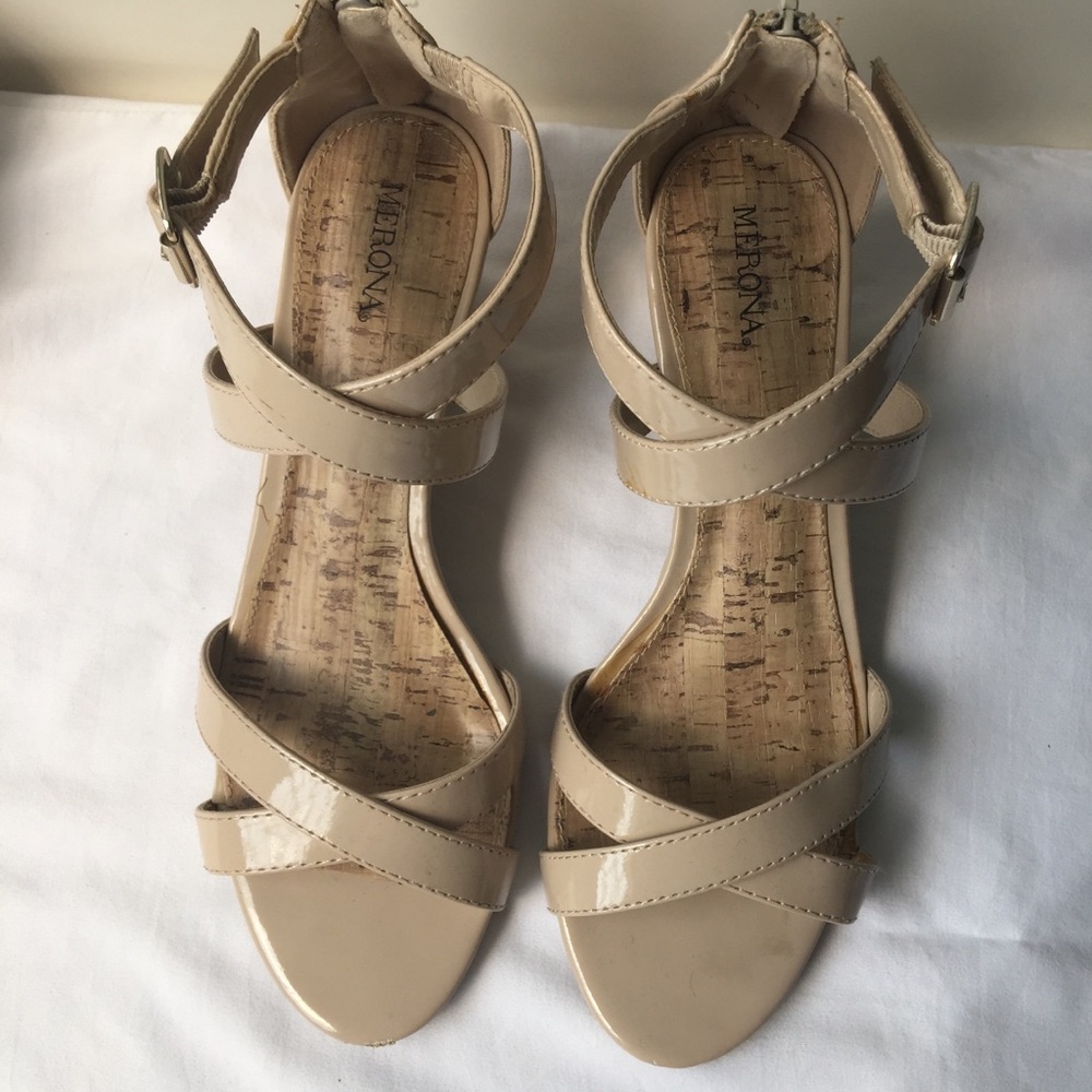 Nude Patent Leather Wedge Sandals